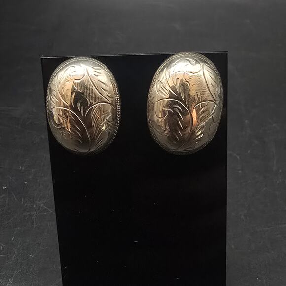 Etched Sterling Silver Oval Earrings Pierced Post 925 - Picture 1 of 6